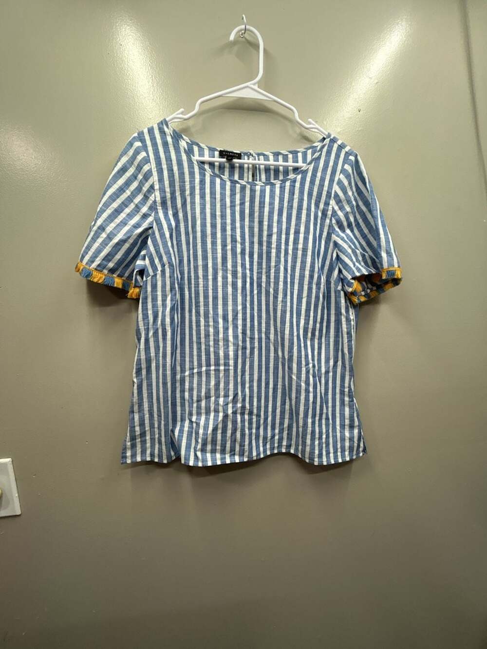 Talbots Women's Size M Blue and White Striped Tassel Sleeve Cotton Blouse